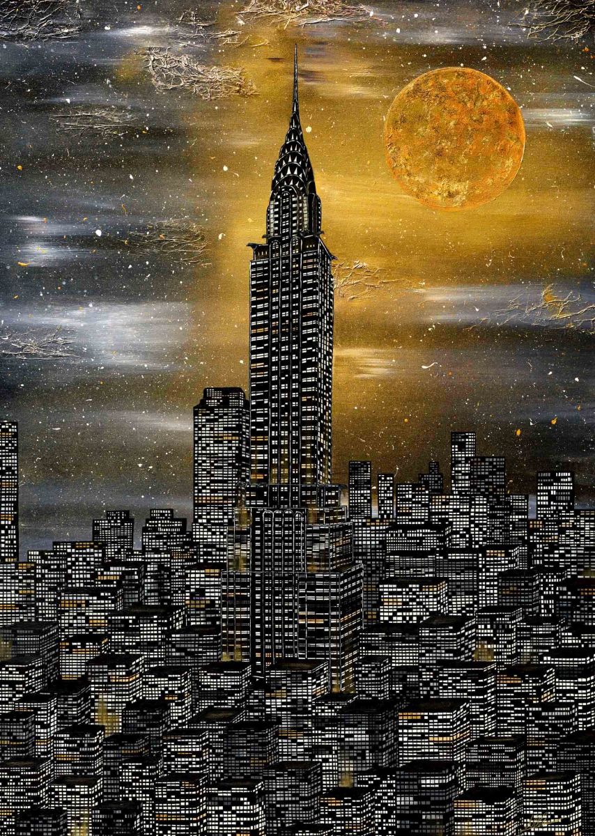 NY New york chrysler building mond gold nacht skyline manhattan acryl bild