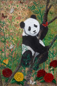 Panda Bär bear yuan yuan Nadia Schreiner Painting Journeys Kunst Bild Acryl acrylic canvas art Bambus bamboo butterfly schmetterlinge